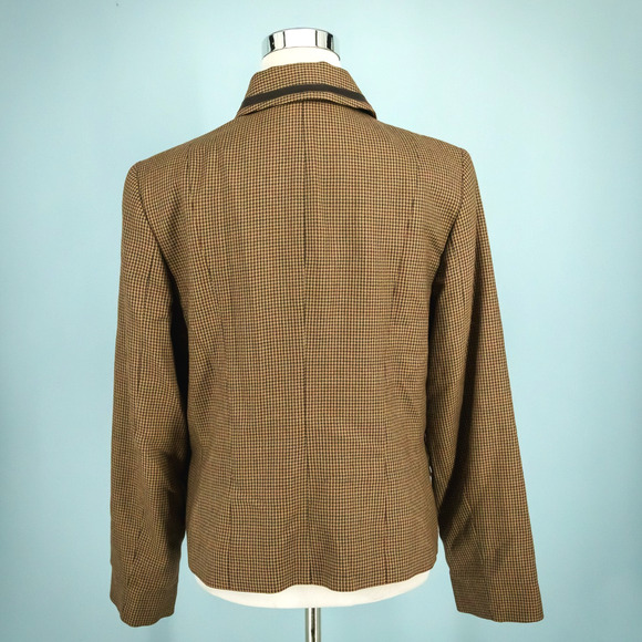 Pendleton Size 10 Tan Brown Plaid Leather Trim Button Virgin Wool Blazer Jacket - Picture 3 of 7
